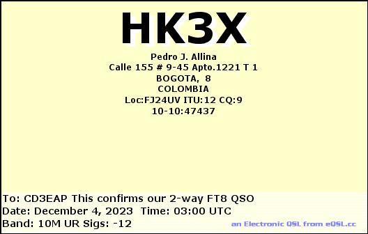 Imagen de tarjeta QSL de HK3X